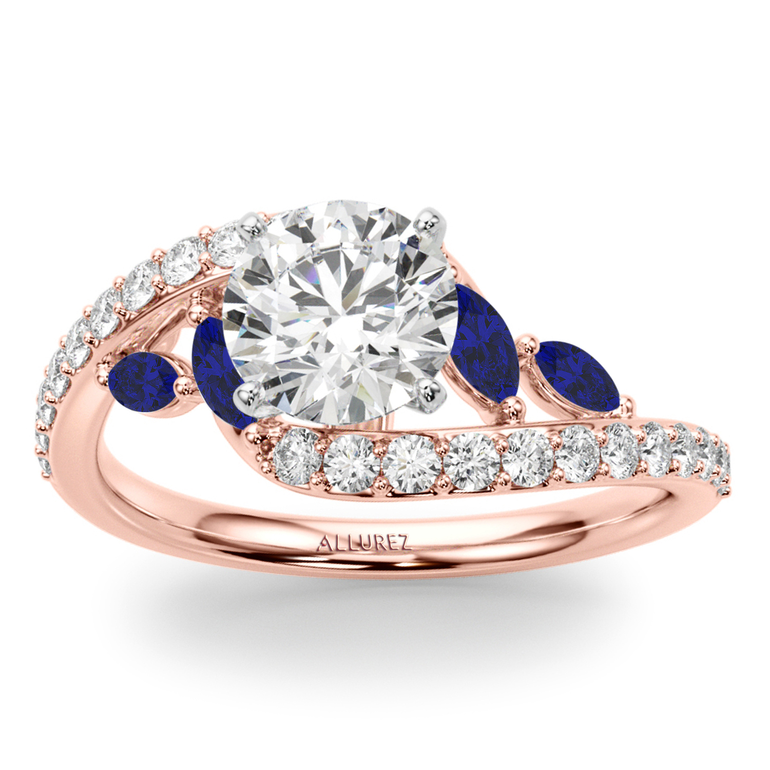 Swirl Design Diamond & Marquise Sapphire Bridal Ring Set 18K Rose Gold (0.96ct)